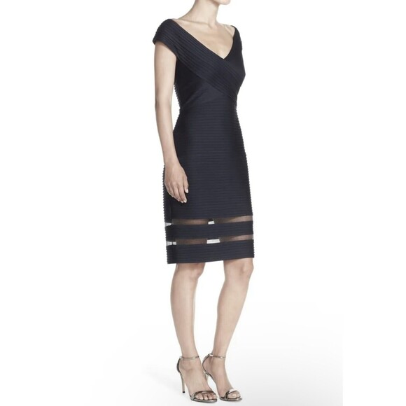 Tadashi Shoji Dresses & Skirts - Tadashi Shoji Navy Pintuck Jersey Cocktail Dress Size Small V-Neck Mesh Hem NWT
